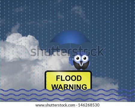 Comical flood warning sign against a cloudy blue sky