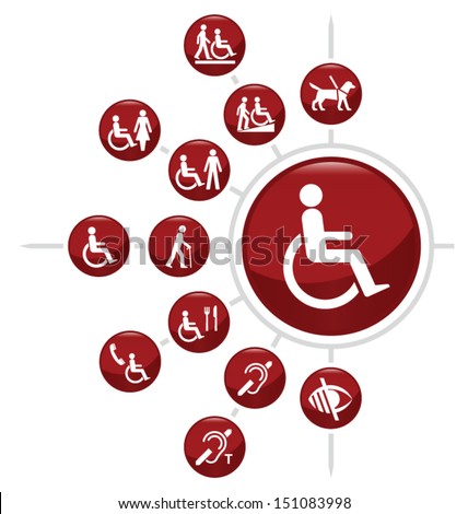 Red Disability related icon set isolated on white background