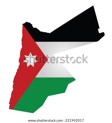 Flag of Hashemite Kingdom of Jordan overlaid on outline map isolated on white background 