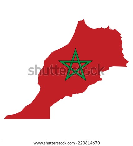 Flag of the Kingdom of Morocco overlaid on outline map isolated on white background 
