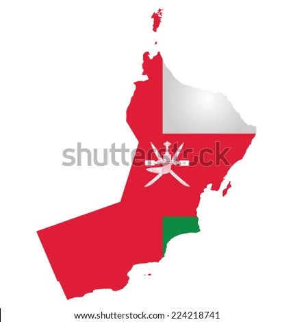 Flag of Sultanate of Oman overlaid on outline map isolated on white background 