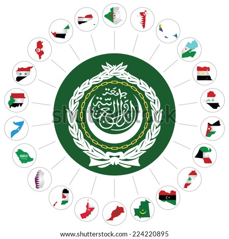 Flags of the Arab League member states overlaid on outline map and the Arab League emblem isolated on white background.  Syria included although currently suspended following the 2011 uprising