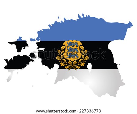 Flag and coat of arms of the Republic of Estonia overlaid on outline map isolated on white background 