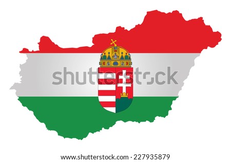 Flag and coat of arms of the Republic of Hungary overlaid on outline map isolated on white background 