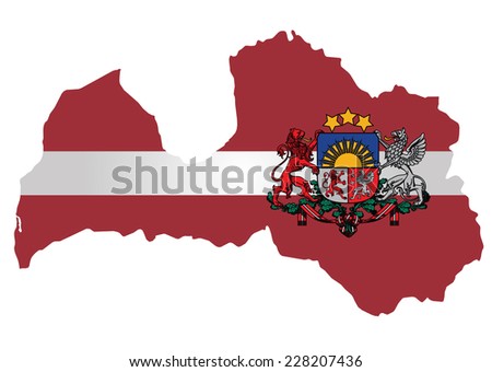 Flag and coat of arms of the Republic of Latvia overlaid on detailed outline map isolated on white background 