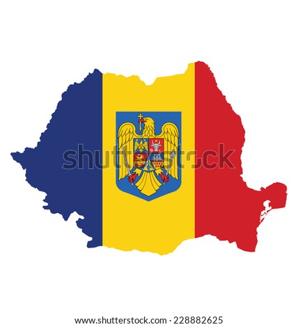 Flag and coat of arms of Romania overlaid on outline map isolated on white background 