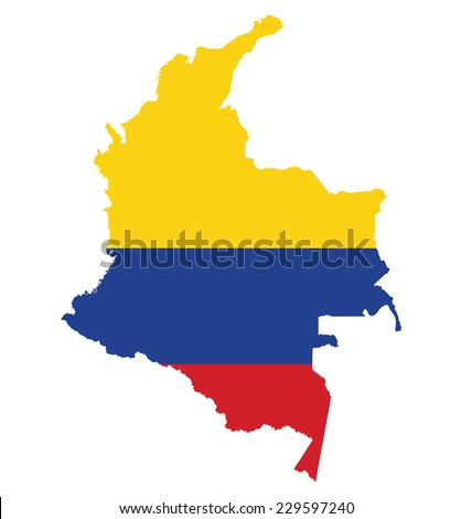 Flag of the Republic of Colombia overlaid on detailed outline map isolated on white background 
