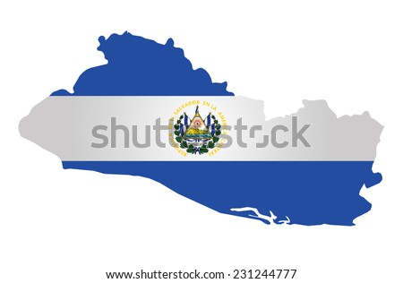 Flag of the Republic of El Salvador overlaid on outline map isolated on white background 