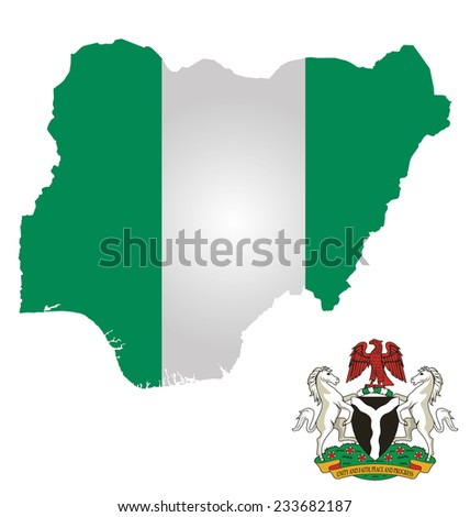 Flag and coat of arms of the Federal Republic of Nigeria overlaid on outline map isolated on white background 