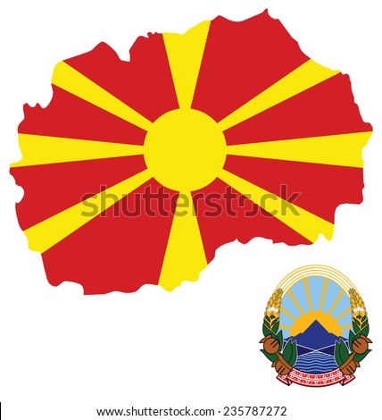 Flag and coat of arms of the Republic Macedonia overlaid on outline map isolated on white background 