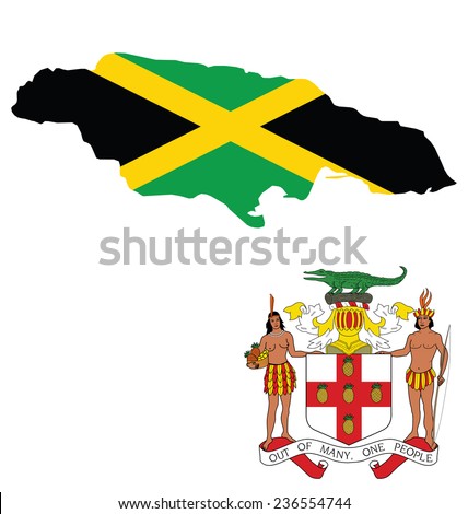 Flag and coat of arms of Jamaica overlaid on outline map isolated on white background 