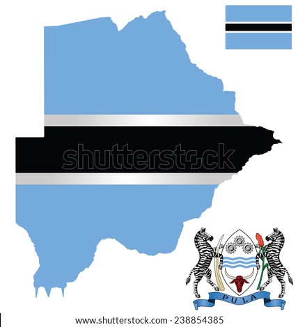 Flag and national coat of arms of the Republic of Botswana overlaid on detailed outline map isolated on white background 