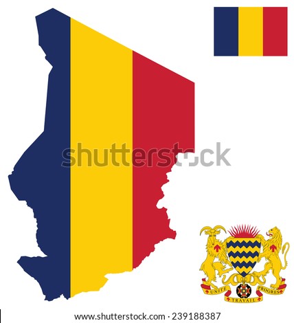 Flag and national coat of arms of the Republic of Chad overlaid on detailed outline map isolated on white background French translation Unity Work Progress