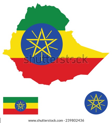 Flag and national coat of arms of the Federal Democratic Republic of Ethiopia overlaid on detailed outline map isolated on white background 