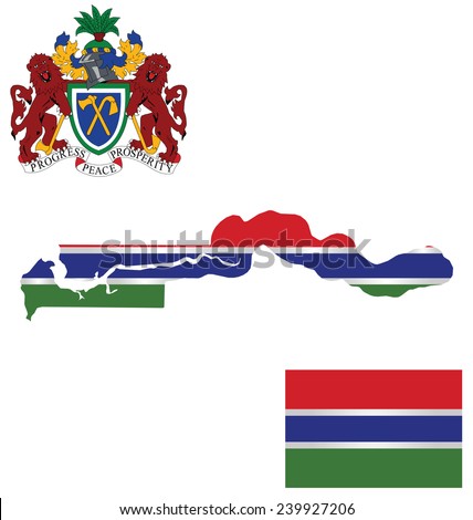Flag and national coat of arms of the Republic of the Gambia overlaid on detailed outline map isolated on white background 