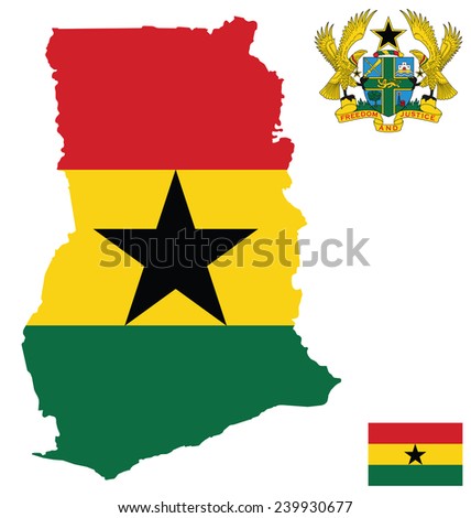 Flag and national coat of arms of the Republic of Ghana overlaid on detailed outline map isolated on white background 