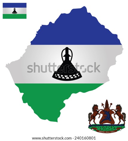 Flag and national coat of arms of the Kingdom of Lesotho overlaid on detailed outline map isolated on white background Sotho translation Peace Rain Prosperity
