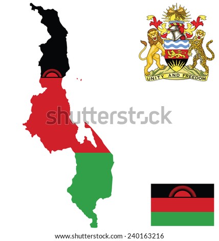 Flag and national coat of arms of the Republic of Malawi overlaid on detailed outline map isolated on white background motto Unity and Freedom
