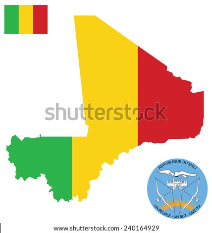 Flag and national coat of arms of the Republic of Mali overlaid on detailed outline map isolated on white background French translation One People One Goal One faith