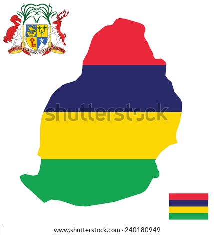 Flag and national coat of arms of the Republic of Mauritius overlaid on detailed outline map isolated on white background Latin translation Star and Key of the Indian Ocean
