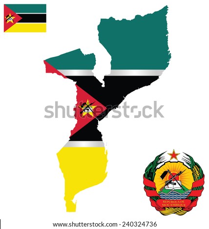 Flag and national coat of arms of the Republic of Mozambique overlaid on detailed outline map isolated on white background 