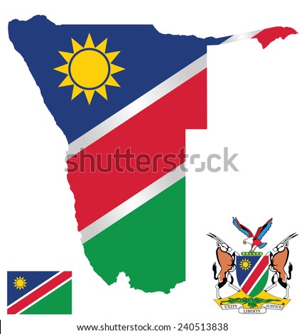 Flag and national coat of arms of the Republic of Namibia overlaid on detailed outline map isolated on white background 