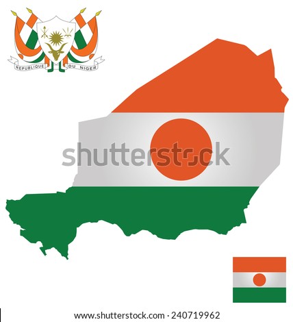Flag and coat of arms of the Republic of Niger overlaid on detailed outline map isolated on white background national motto Fraternity Work Progress 