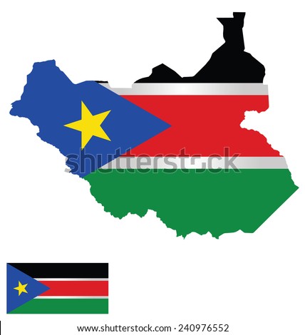 Flag and coat of arms of the Republic of South Sudan overlaid on detailed outline map isolated on white background national motto Justice Liberty Prosperity 