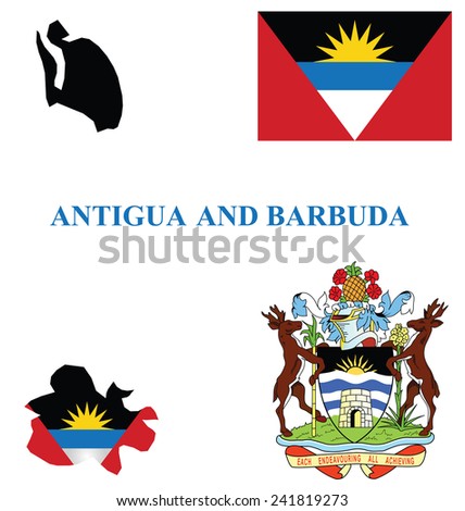 Flag and national coat of arms of the Antigua and Barbuda overlaid on detailed outline map isolated on white background 