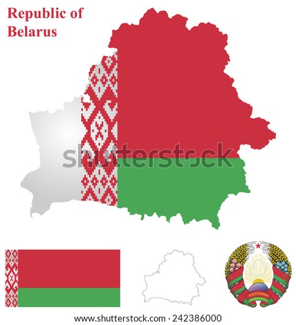 Flag and national coat of arms of the Republic of Belarus overlaid on detailed outline country map isolated on white background 