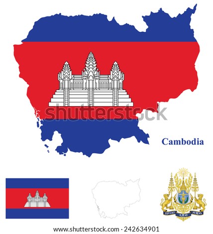 Flag and national coat of arms of the Kingdom of Cambodia overlaid on detailed outline country map isolated on white background motto translation Nation Religion King