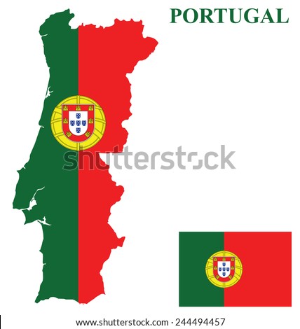 Flag of the Portuguese Republic overlaid on detailed outline country map isolated on white background 