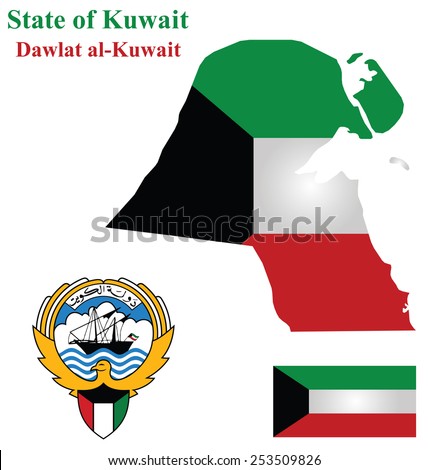 Flag and coat of arms of the Arabic country State of Kuwait overlaid on detailed outline map isolated on white background 