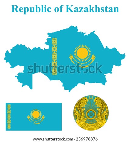 Flag and national coat of arms of the Republic of Kazakhstan overlaid on detailed outline map isolated on white background 
