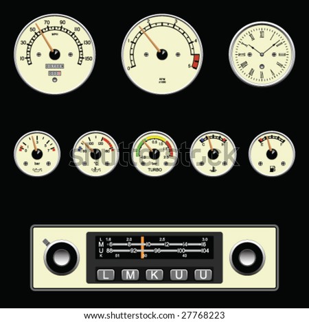 Retro style car gauges clock and radio