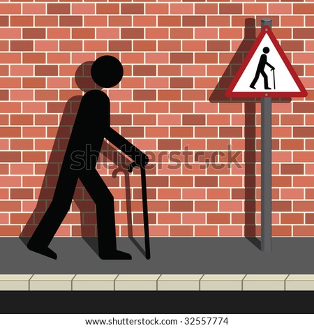 Signage Old Man Walking Along a Street