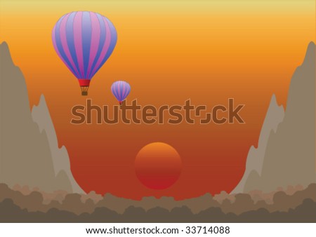 Remote Mountainous Valley Landscape with Hot Air Balloon