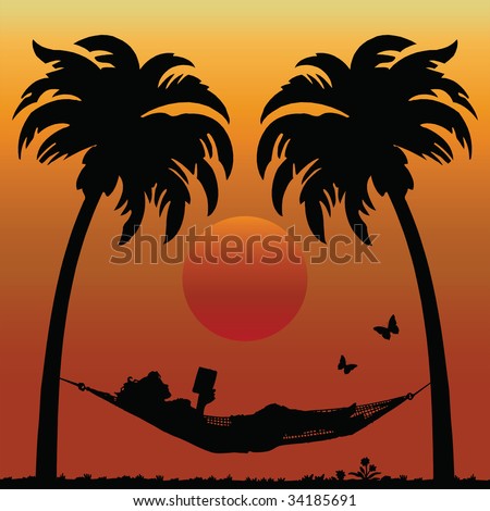 Woman Reading in a Hammock Between Palm Trees