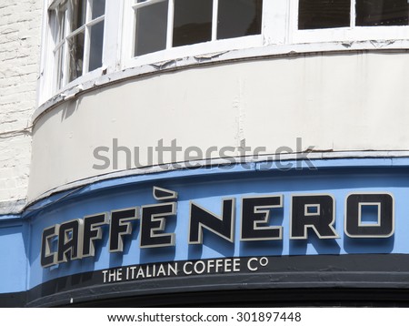 Winchester High Street Hampshire, England â?? July 31, 2015 â?? Cafe Nero Italian coffee house sign