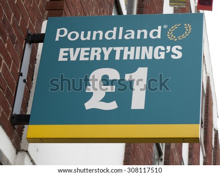Andover, High Street, Hampshire, England - August 20, 2015: Poundland shop sign over premises, company founded in 1990 by Dave Todd and Stephen Smith