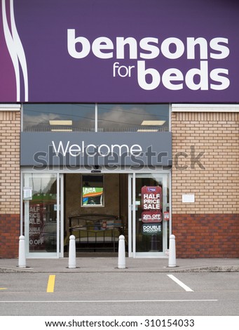 Andover, Retail Park, Hampshire, England - August 20, 2015: Bensons for Beds, retailer specialising in beds, mattresses and bedroom furniture