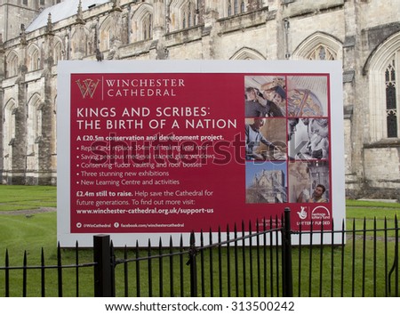 Winchester, The Close, Hampshire, England - September 4, 2015: Winchester Cathedral, construction began in 1079 and was consecrated in 1093