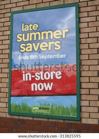 Andover, Retail Park, Hampshire, England - September 3, 2015: Pets at Home, retailer specialising pet supplies, grooming and veterinary services, advertising board