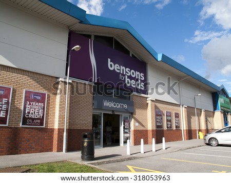 Andover, Retail Park, Hampshire, England - September 18, 2015: Bensons for Beds, retailer specialising in beds, mattresses and bedroom furniture