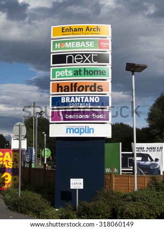 Andover, Enham Arch, Retail Park, Hampshire, England - September 18, 2015: Homebase, Sign at approach to retail park indicatng shops