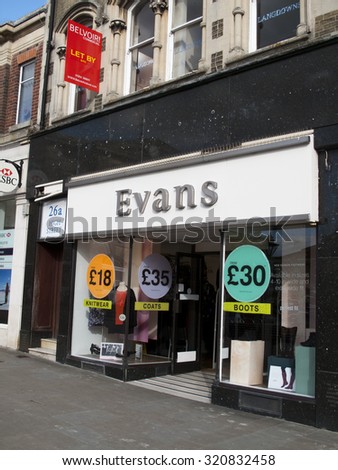 Andover, High Street, Hampshire, England - September 25, 2015: Evans, plus size clothing, lingerie, shoes, swimwear and accessories, founded in 1930 by Jack Green
