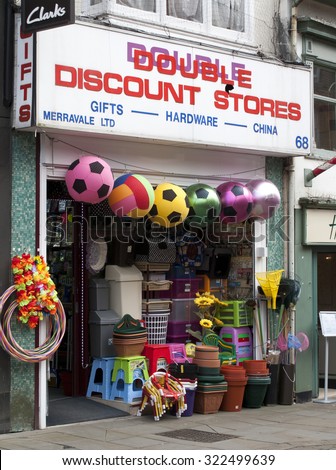 Andover, High Street, Hampshire, England - September 25, 2015: Double Discount Stores, selling discounted gifts, hardware and china