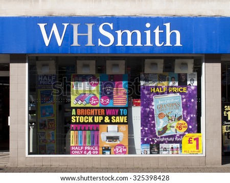 Newbury, Northbrook Street, Berkshire, England - October 10, 2015: W H Smith, British retailer selling books, stationery, magazines, newspapers and entertainment products