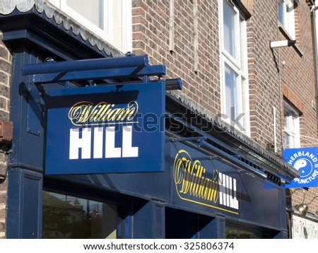 Newbury, Market Place, Berkshire, England - October 10, 2015: William Hill bookmakers, company founded by William Hill in 1934 at a time when gambling was illegal in Britain
