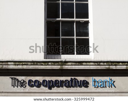 Newbury, Northbrook Street, Berkshire, England - October 10, 2015: Co Operative bank sign over local branch, the bank markets itself as an ethical bank